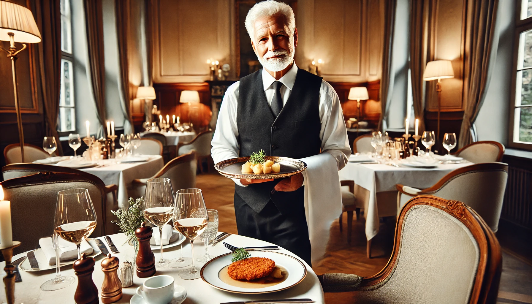 DALL·E-2024-08-30-11.59.13-A-refined-and-elegant-restaurant-setting-with-an-80-year-old-male-waiter-standing-beside-a-beautifully-set-table.-He-is-holding-a-plate-that-has-a-sch