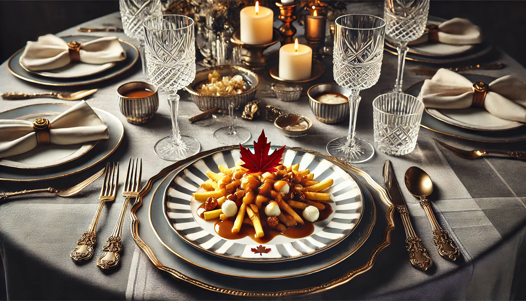 DALL·E-2024-09-04-15.19.10-A-beautifully-set-dining-table-with-a-plate-featuring-a-gourmet-version-of-Canadian-poutine.-The-dish-is-elegantly-arranged-in-an-upscale-culinary-sty