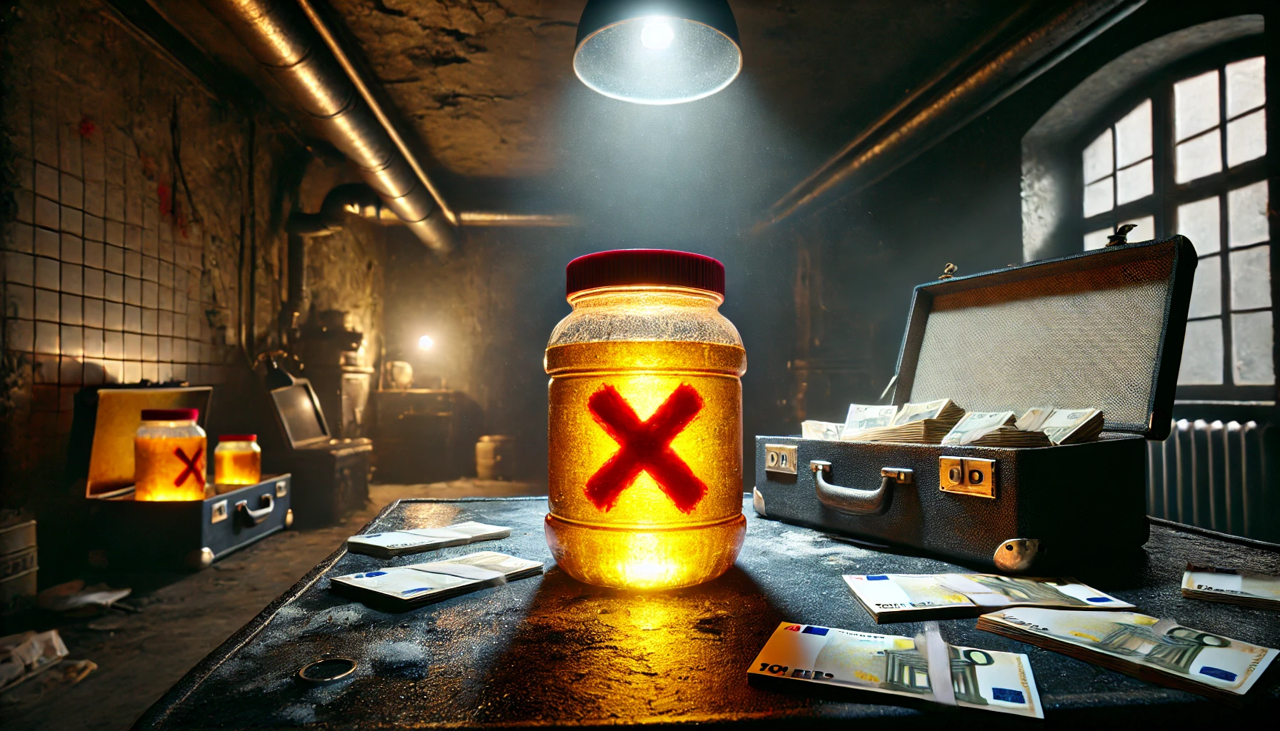 DALL·E-2024-12-17-10.50.07-A-photorealistic-scene-resembling-an-illegal-drug-den-with-a-dark-and-gloomy-atmosphere.-The-focus-is-on-a-glowing-jar-of-honey-sitting-on-an-iron-ta